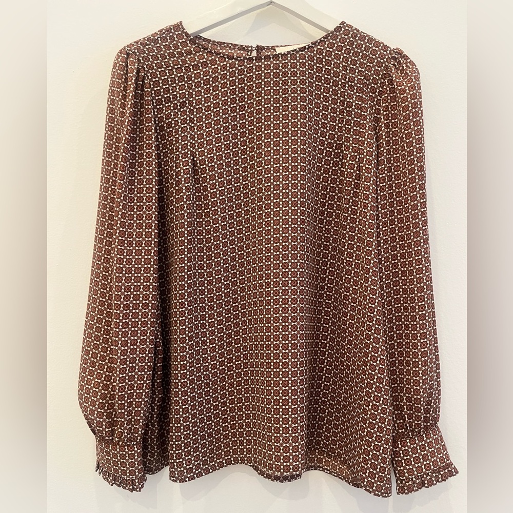 Loft brown and pink Print blouse Sz Small w/ruffled sleeve cuffs Office Career
